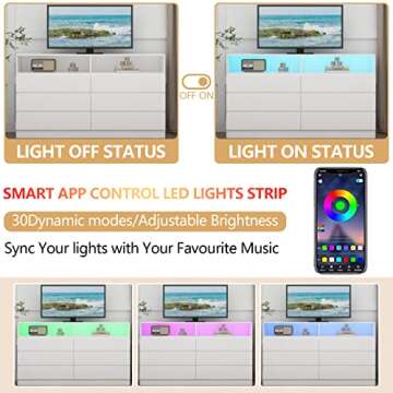 Loomie Drawers Dresser, White Drawer Dresser with Power Outlet, Accent Chests of Drawers with LED Light, Modern Storage Dresser for Bedroom, Living Room (White)