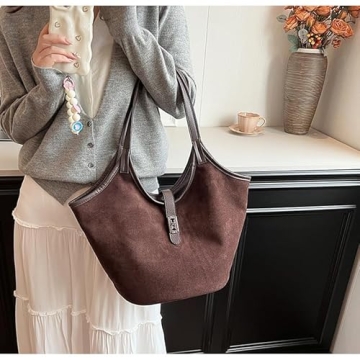 TYATVS Brown Suede Tote Bag for Women, Stylish Hobo Bag