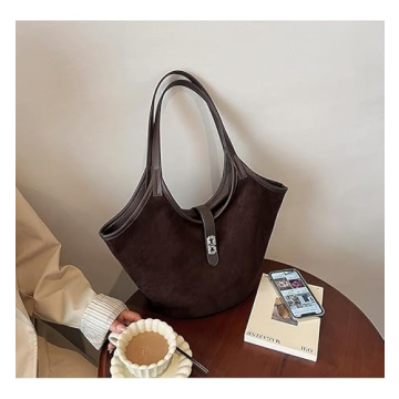 TYATVS Brown Suede Tote Bag for Women, Stylish Hobo Bag