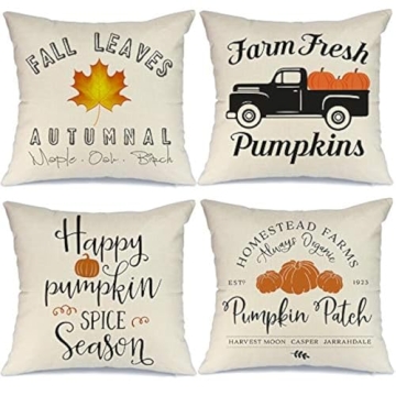 AENEY Fall Decor Pillow Covers 18x18 inch Set of 4 Fall Decorations Truck Pumpkin Patch Leaves Throw Pillows for Fall Thanksgiving Farmhouse Decorative Pillows A249
