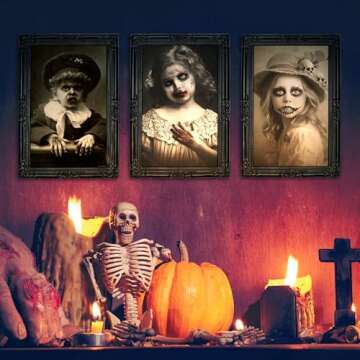 Halloween Decorations Indoor Scary Wall Decor, 3Pack 3D Changing Face Moving Picture Frames Portrait, Gothic Horror Poster Castle Haunted House Mansion Decor Decoration Party Supplies