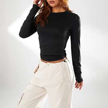 Franhais Women's Casual Basic Crop Tops Slim Fit Long Sleeve Crew Neck Solid Color Fall Pullover Shi...