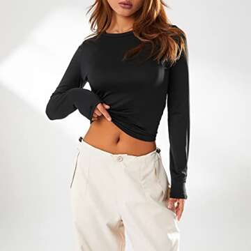 Franhais Women's Casual Basic Crop Tops Slim Fit Long Sleeve Crew Neck Solid Color Fall Pullover Shirts Tight Tee (Black, S)