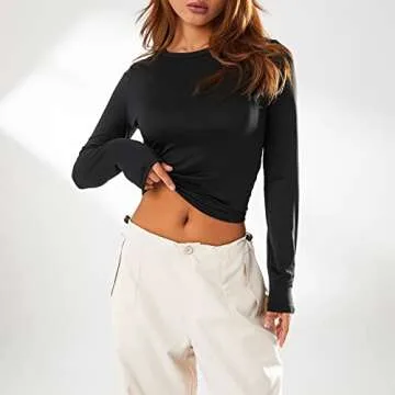 Franhais Women's Casual Basic Crop Tops Slim Fit Long Sleeve Crew Neck Solid Color Fall Pullover Shirts Tight Tee (Black, S)