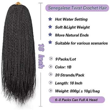 VIOLET Senegalese Twist Crochet Hair For Black Women 18 Inch Crochet Hair Pre Looped 20 Strands A Pa...