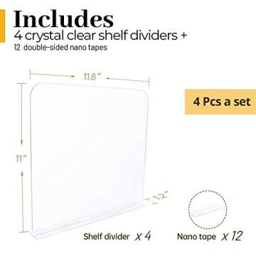ROUFA 4Pcs Clear Acrylic Shelf Dividers, Adjustable Closet Organizer Fit for Any Thickness of Shelve...