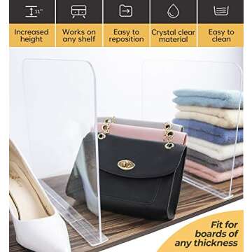 ROUFA 4Pcs Clear Acrylic Shelf Dividers, Adjustable Closet Organizer Fit for Any Thickness of Shelves, Multi-Purpose Wood Shelf Separators for Bedroom, Kitchen, Office, Bathroom, 11.8''x11''