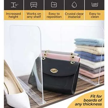 ROUFA 4Pcs Clear Acrylic Shelf Dividers, Adjustable Closet Organizer Fit for Any Thickness of Shelves, Multi-Purpose Wood Shelf Separators for Bedroom, Kitchen, Office, Bathroom, 11.8''x11''