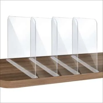 ROUFA 4Pcs Clear Acrylic Shelf Dividers, Adjustable Closet Organizer Fit for Any Thickness of Shelves, Multi-Purpose Wood Shelf Separators for Bedroom, Kitchen, Office, Bathroom, 11.8''x11''
