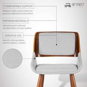 Armen Living Panda Mid Century Modern Dining Chair For Kitchen Office Desk Vanity in Gray Fabric Upholstery and Walnut Wood Finish