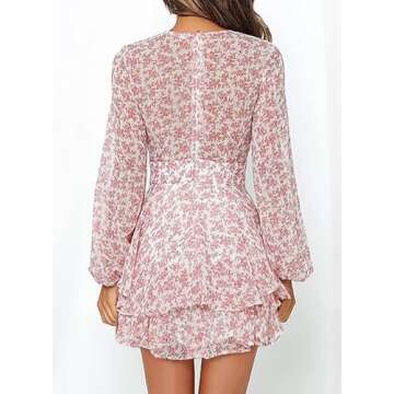 Dokotoo Womens Junior Casual Summer Spring Ruffle Elegant Floral Long Sleeve Tie Knot V Neck Cute Ch...