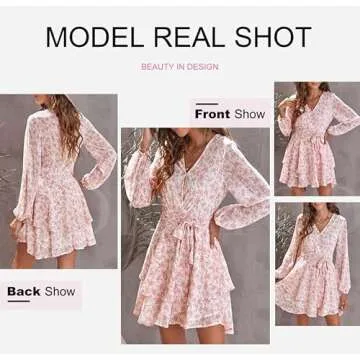 Dokotoo Womens Junior Casual Summer Spring Ruffle Elegant Floral Long Sleeve Tie Knot V Neck Cute Chiffon Boho Beach Tunic Swing A Line Flowy Mini Short Skater Dresses for Women 2024 Pink Small