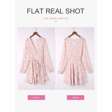 Dokotoo Womens Junior Casual Summer Spring Ruffle Elegant Floral Long Sleeve Tie Knot V Neck Cute Chiffon Boho Beach Tunic Swing A Line Flowy Mini Short Skater Dresses for Women 2024 Pink Small