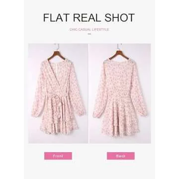 Dokotoo Womens Junior Casual Summer Spring Ruffle Elegant Floral Long Sleeve Tie Knot V Neck Cute Chiffon Boho Beach Tunic Swing A Line Flowy Mini Short Skater Dresses for Women 2024 Pink Small