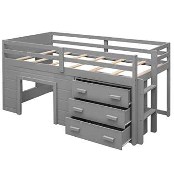 SOFTSEA Twin Size Loft Bed with Cabinet and Storage Drawers, Solid Wood Low Loft Bed Frame with Guardrails, Playhouse Bed with Built-in Ladder for Boys and Girls Bedroom, Easy Assembly, Grey