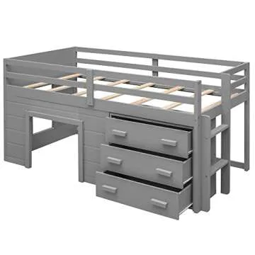SOFTSEA Twin Size Loft Bed with Cabinet and Storage Drawers, Solid Wood Low Loft Bed Frame with Guardrails, Playhouse Bed with Built-in Ladder for Boys and Girls Bedroom, Easy Assembly, Grey