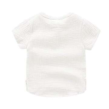 Ashmyova Boys Cotton Linen Shirt Toddler Boys Pocket Button Short Sleeve T Shirt Tees Tops White Siz...