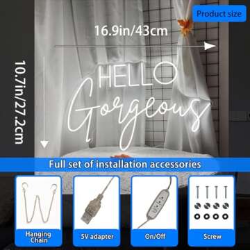 Hello Gorgeous Neon Signs for Wall Decor, 16.9 * 10.7 Inches Hello Gorgeous Neon Lights for Home Party Wedding Bar Club Gifts, Neon Sign Wall Decorations Home Party Decor, INSNEnN