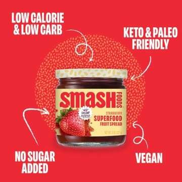Smash Foods Strawberry Jam | Low-Calorie, No Sugar Added Keto Jam with Upcycled Fruit & Chia Seeds | Vegan, Paleo Superfood Fruit Spread (1 Jar)