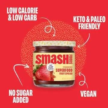 Smash Foods Strawberry Jam | Low-Calorie, No Sugar Added Keto Jam with Upcycled Fruit & Chia Seeds | Vegan, Paleo Superfood Fruit Spread (1 Jar)