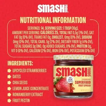 Smash Foods Strawberry Jam | Low-Calorie, No Sugar Added Keto Jam with Upcycled Fruit & Chia Seeds | Vegan, Paleo Superfood Fruit Spread (1 Jar)