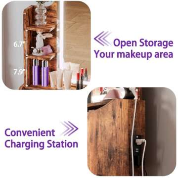 LIKIMIO Small Makeup Vanity Desk with Mirror and Lights, Vanity Table Set with Storage Drawer, Chair and Three Shelves, Bedroom, Vintage Brown