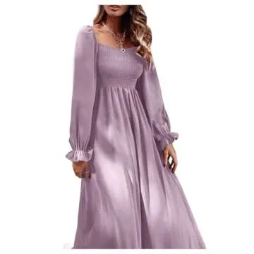Floerns Women's Boho Floral Print Square Neck Flounce Sleeve A Line Long Dress Mauve Purple S