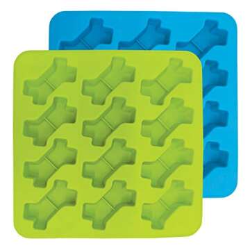 Messy Mutts Silicone Bake & Freeze Treat Making Mold | 2 Pack | 12 Bone Shaped 1 oz Molds | 9" x 9" Tray | Dishwasher, Freezer, Oven Safe | Blue/Green