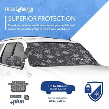 FrostGuard Plus Winter Windshield Cover with Built-in Security Panels and Wiper Blade Coverage + Mir...