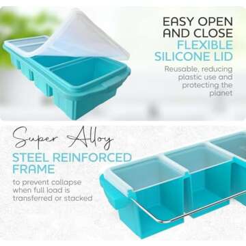 XOMOO Silicone Freezer Tray With Lid - Soup Freezer Container molds - Large Ice Cube Tray- makes 8 perfect 1 cup portions cubes, 2-Pack Freezer Storage Food Soups & Meal Prep - Oven & Dishwasher -Safe