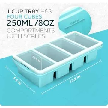 XOMOO Silicone Freezer Tray With Lid - Soup Freezer Container molds - Large Ice Cube Tray- makes 8 perfect 1 cup portions cubes, 2-Pack Freezer Storage Food Soups & Meal Prep - Oven & Dishwasher -Safe