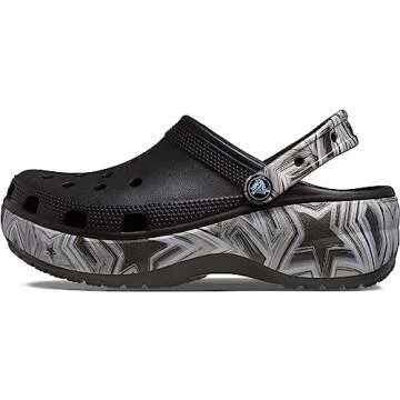 Crocs Women's Classic Graphic Platform Clogs, Platform Shoes, Black/Multi, 8 Women