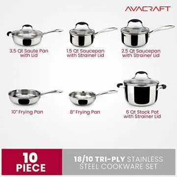 AVACRAFT 18/10 Stainless Steel Cookware Set, Premium Pots and Pans Set, Kitchen Essentials for cooki...