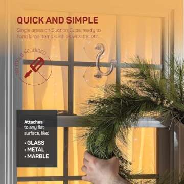 Christmas Wreath Hanger [Set of 2] for Glass Front Door, Giant Suction Wreath Hanger, Hang Large or Heavy Wreaths Securely on Glass Doors and Windows up to 20 Lbs - Heavy Duty Wreath Holders, USA Made