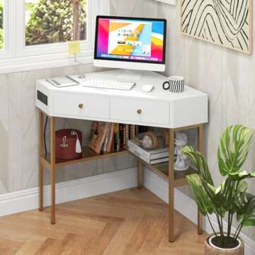 Tangkula White Corner Desk with 2 Drawers & Built-in Charging Station, 90 Degrees Triangle Corner Co...