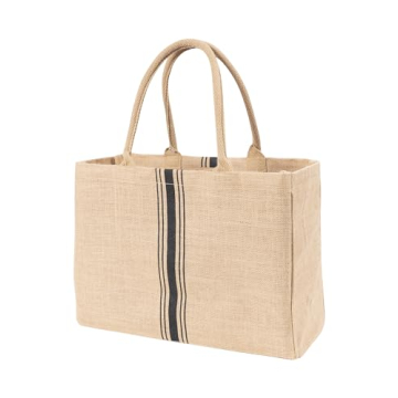 KAF Home Jute Market Tote Handles Reusable Grocery Bag, Triple Stripe