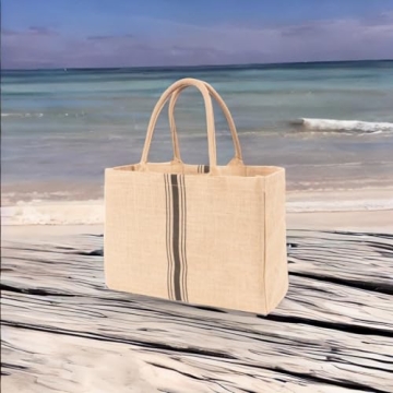 KAF Home Jute Market Tote Handles Reusable Grocery Bag, Triple Stripe