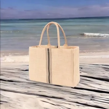 KAF Home Jute Market Tote Handles Reusable Grocery Bag, Triple Stripe