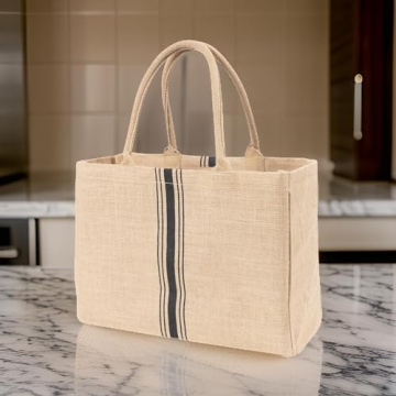 KAF Home Jute Market Tote Handles Reusable Grocery Bag, Triple Stripe