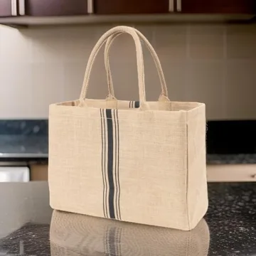 KAF Home Jute Market Tote Handles Reusable Grocery Bag, Triple Stripe