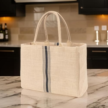 KAF Home Jute Market Tote Handles Reusable Grocery Bag, Triple Stripe