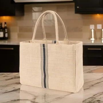 KAF Home Jute Market Tote Handles Reusable Grocery Bag, Triple Stripe
