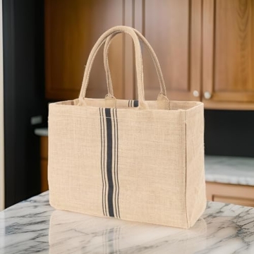 KAF Home Jute Market Tote Handles Reusable Grocery Bag, Triple Stripe