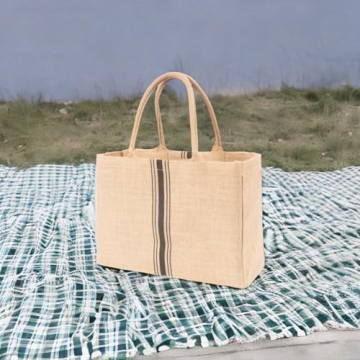KAF Home Jute Market Tote Handles Reusable Grocery Bag, Triple Stripe