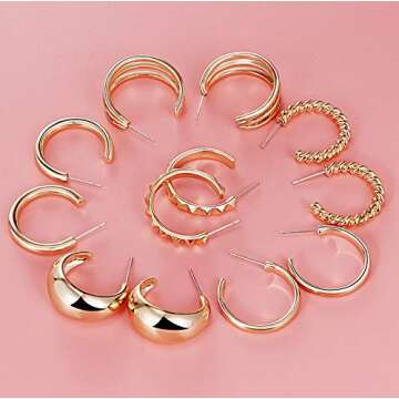 Stylish 6 Pairs Small Gold Hoop Earrings for Women
