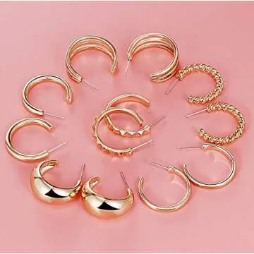 Stylish 6 Pairs Small Gold Hoop Earrings for Women