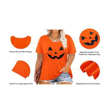 RITERA Tops for Women Plus Size Halloween Pumpkin Print Round Neck T-shirt for Ladies