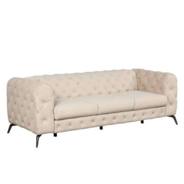 FANCUF 85.5" Velvet Upholstered Sofa with Sturdy Metal Legs, Sofa Couch with Button Tufted Back, 3 Seater Couch Beige