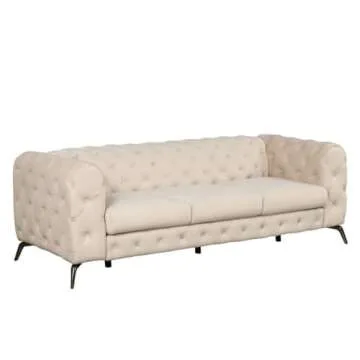 FANCUF 85.5" Velvet Upholstered Sofa with Sturdy Metal Legs, Sofa Couch with Button Tufted Back, 3 Seater Couch Beige