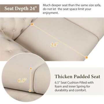 FANCUF 85.5" Velvet Upholstered Sofa with Sturdy Metal Legs, Sofa Couch with Button Tufted Back, 3 Seater Couch Beige